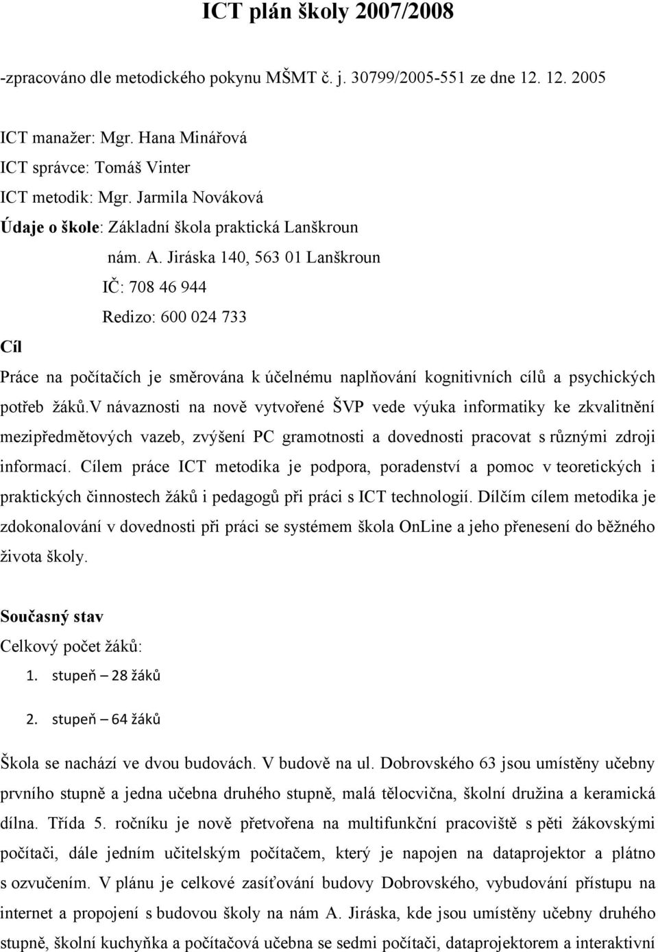 Jiráska 140, 563 01 Lanškroun IČ: 708 46 944 Redizo: 600 024 733 Cíl Práce na počítačích je směrována k účelnému naplňování kognitivních cílů a psychických potřeb žáků.