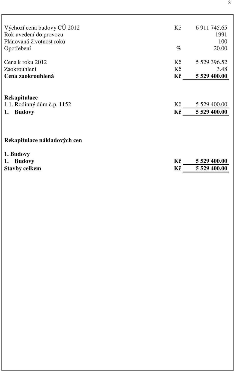 00 Cena k roku 2012 Kč 5 529 396.52 Zaokrouhlení Kč 3.48 Cena zaokrouhlená Kč 5 529 400.