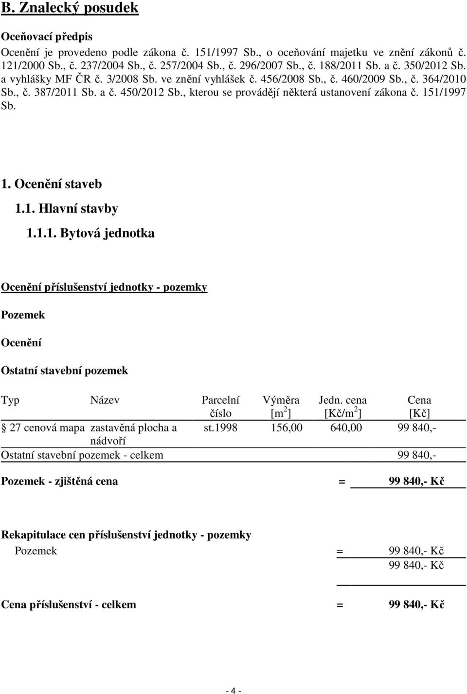 , kterou se provádějí některá ustanovení zákona č. 151/1997 Sb. 1. Ocenění staveb 1.1. Hlavní stavby 1.1.1. Bytová jednotka Ocenění příslušenství jednotky - pozemky Pozemek Ocenění Ostatní stavební pozemek Typ Název Parcelní číslo Výměra [m 2 ] Jedn.