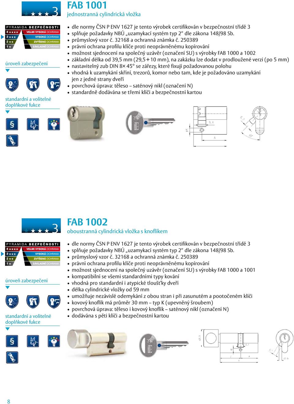 250389 právní ochrana profilu klíče proti neoprávněnému kopírování možnost sjednocení na společný uzávěr (označení SU) s výrobky FAB 1000 a 1002 základní délka od 39,5 mm (29,5 + 10 mm), na zakázku