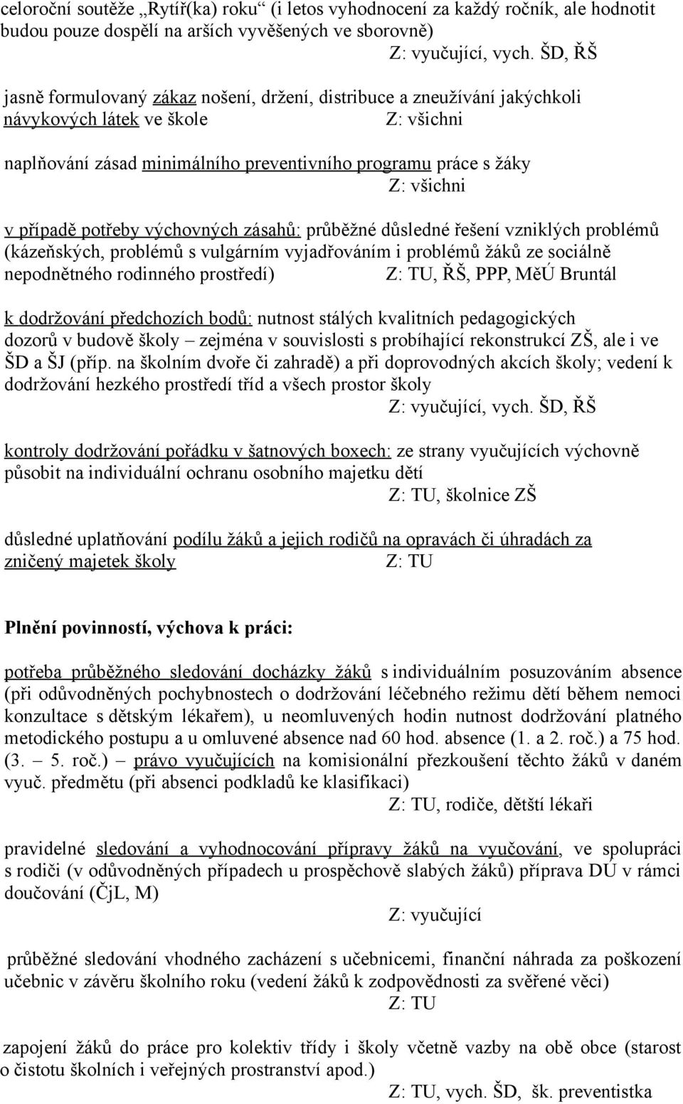 výchovných zásahů: průběžné důsledné řešení vzniklých problémů (kázeňských, problémů s vulgárním vyjadřováním i problémů žáků ze sociálně nepodnětného rodinného prostředí) Z: TU, ŘŠ, PPP, MěÚ Bruntál