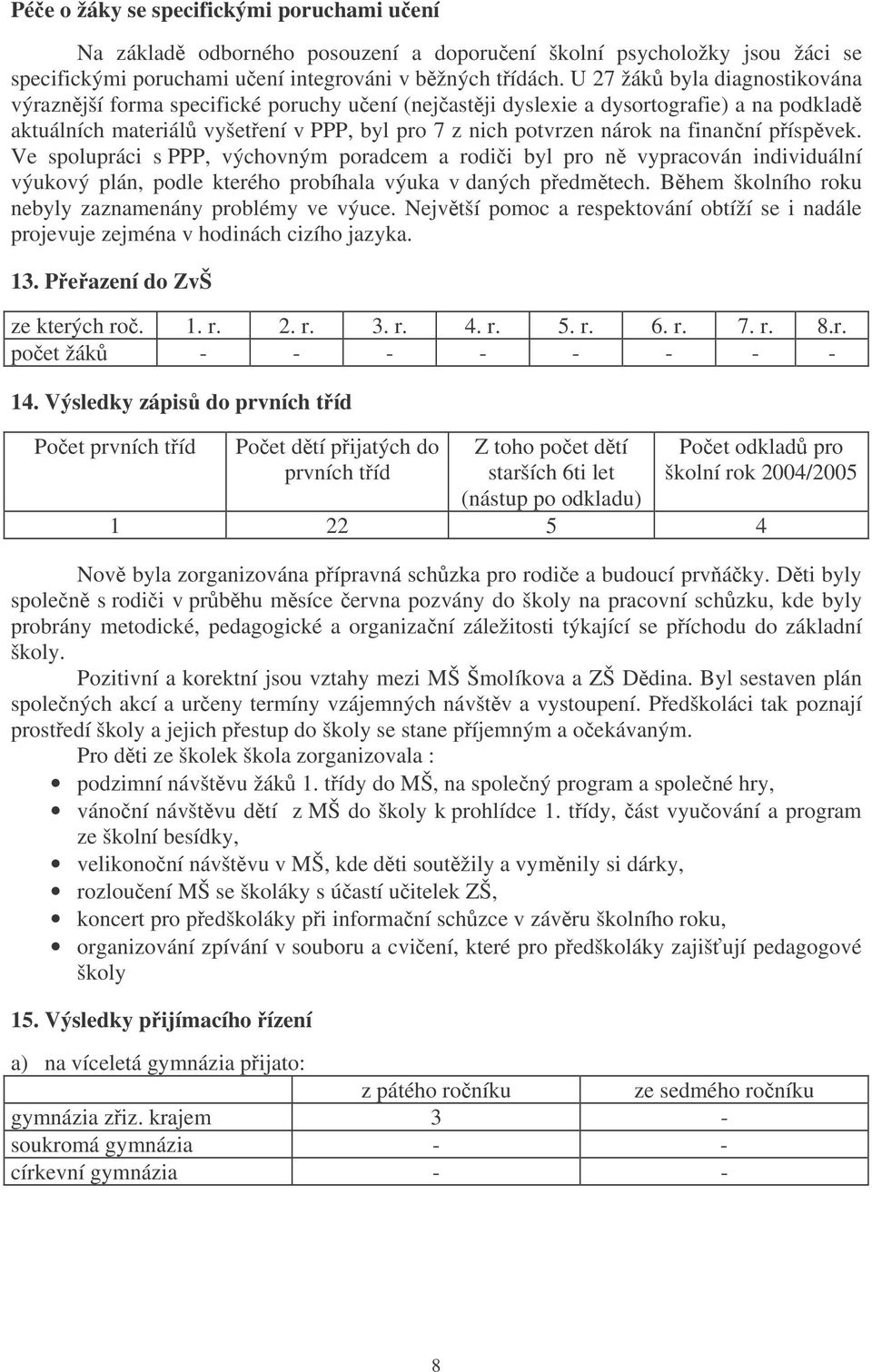 píspvek. Ve spolupráci s PPP, výchovným poradcem a rodii byl pro n vypracován individuální výukový plán, podle kterého probíhala výuka v daných pedmtech.