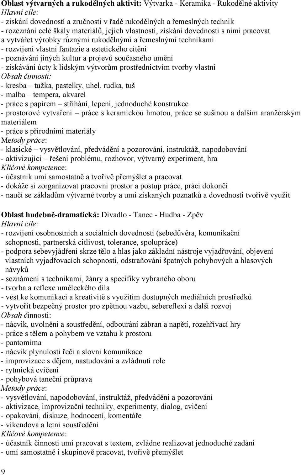 kultur a projevů současného umění - získávání úcty k lidským výtvorům prostřednictvím tvorby vlastní Obsah činnosti: - kresba tužka, pastelky, uhel, rudka, tuš - malba tempera, akvarel - práce s