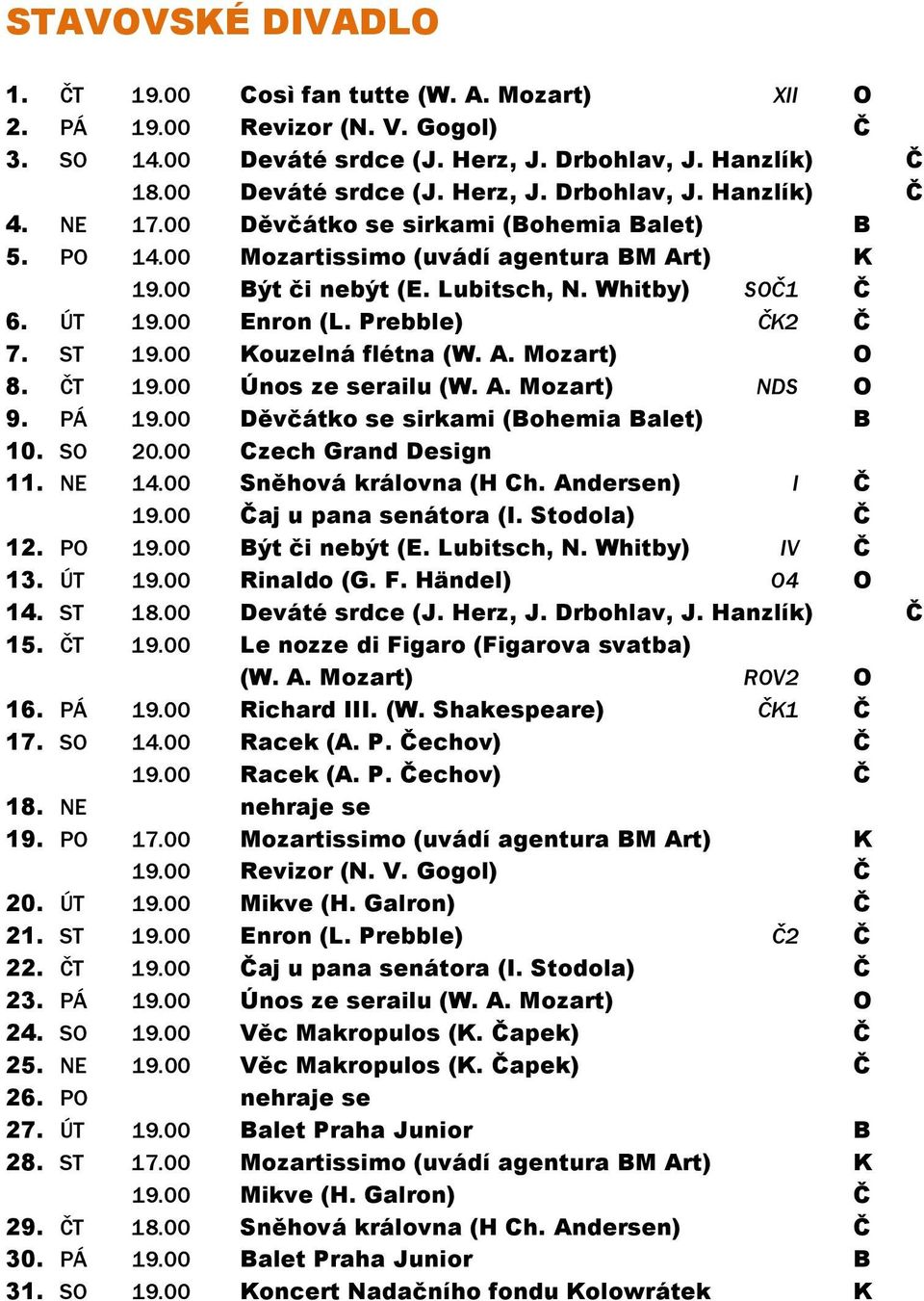 00 Kouzelná flétna (W. A. Mozart) O 8. ČT 19.00 Únos ze serailu (W. A. Mozart) NDS O 9. PÁ 19.00 Děvčátko se sirkami (Bohemia Balet) B 10. SO 20.00 Czech Grand Design 11. NE 14.