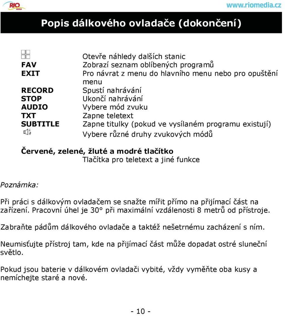 Tlačítka pro teletext a jiné funkce Poznámka: Při práci s dálkovým ovladačem se snažte mířit přímo na přijímací část na zařízení. Pracovní úhel je 30 při maximální vzdálenosti 8 metrů od přístroje.