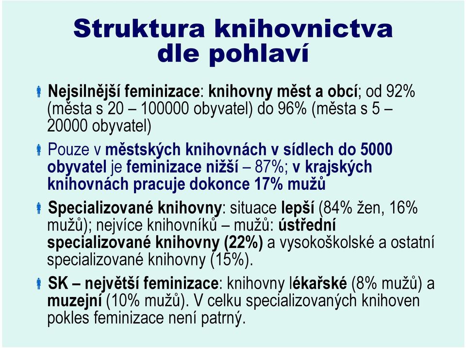 Specializované knihovny: situace lepší (84% žen, 16% mužů); nejvíce knihovníků mužů: ústřední specializované knihovny (22%) a vysokoškolské a ostatní