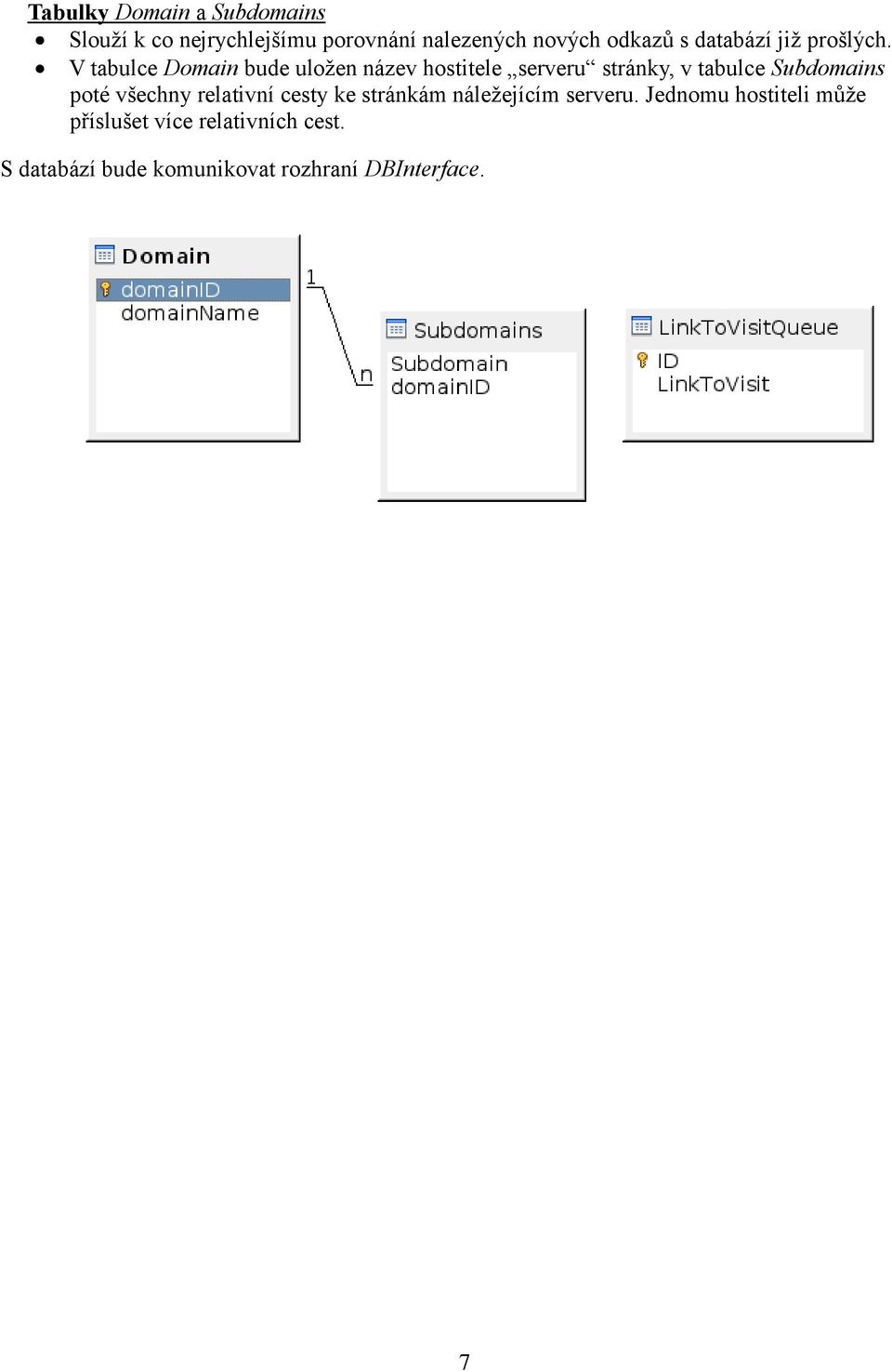 V tabulce Domain bude uložen název hostitele serveru stránky, v tabulce Subdomains poté