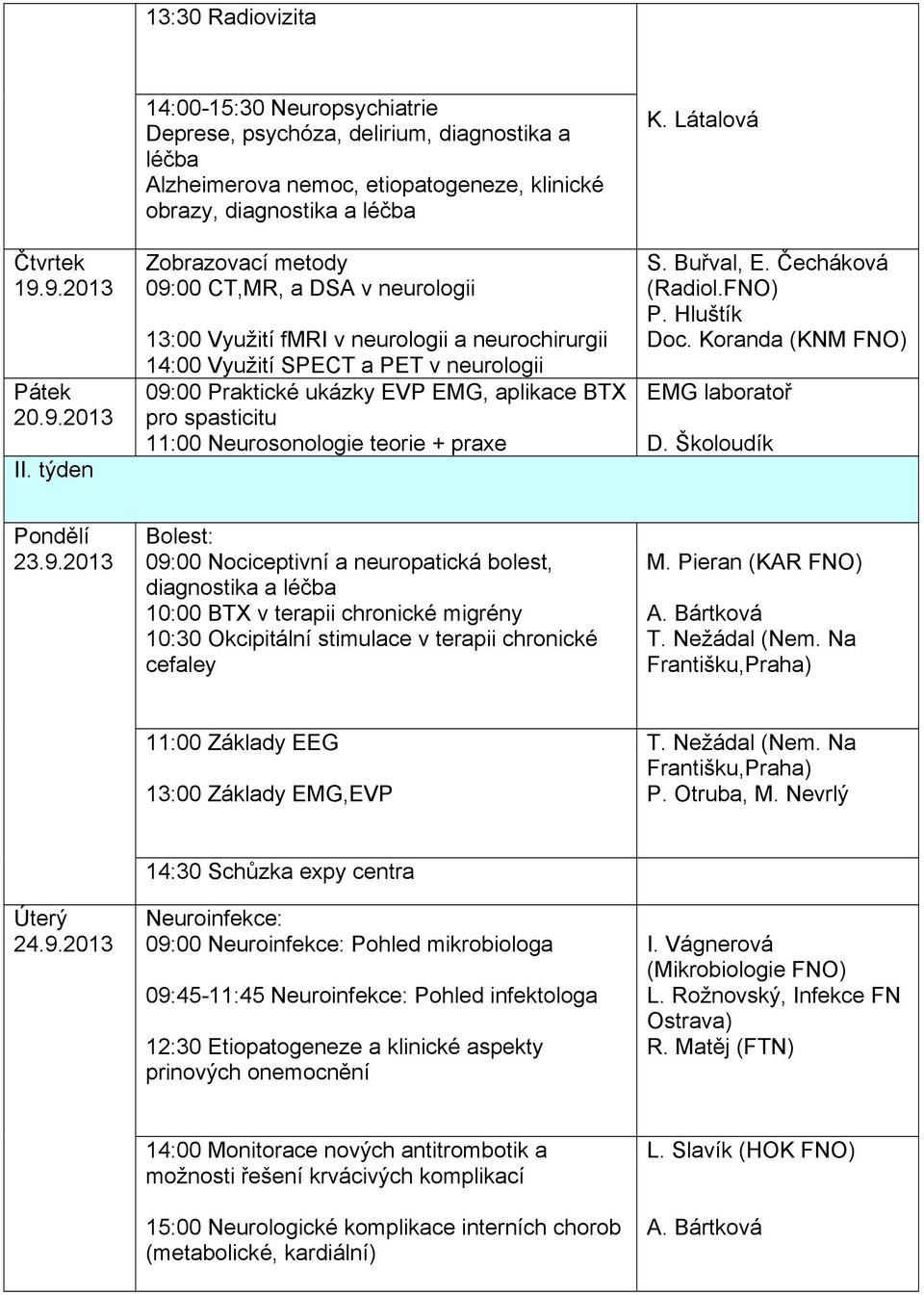 neurologii 13:00 Využití fmri v neurologii a neurochirurgii 14:00 Využití SPECT a PET v neurologii 09:00 Praktické ukázky EVP EMG, aplikace BTX pro spasticitu 11:00 Neurosonologie teorie + praxe K.