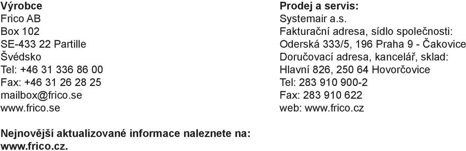 333/5, 19 Praha 9 - Čakovice Doručovací adresa, kancelář, sklad: Hlavní 8, Hovorčovice Tel: 83