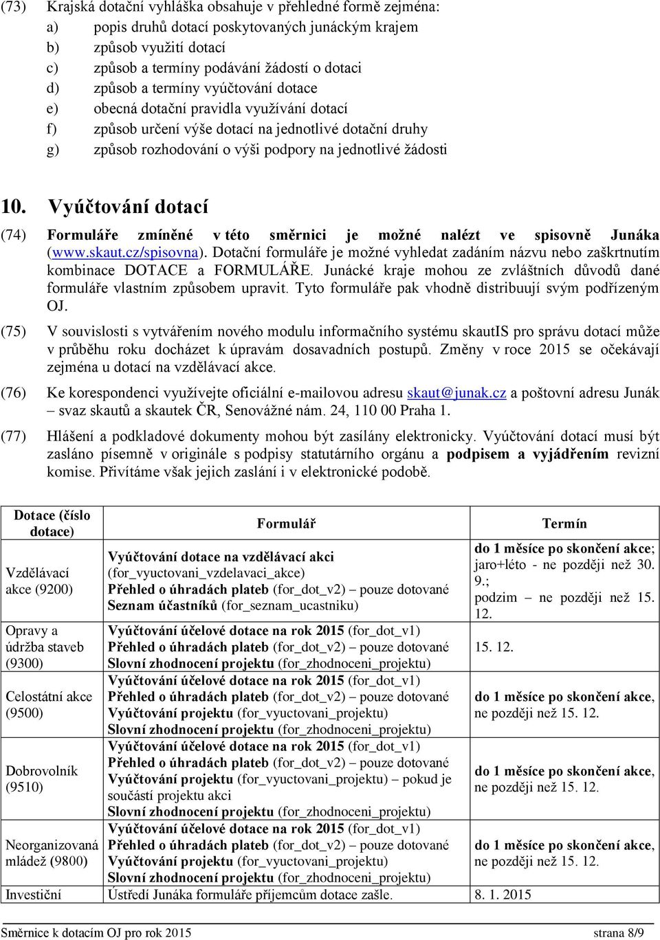 Vyúčtování dotací (74) Formuláře zmíněné v této směrnici je možné nalézt ve spisovně Junáka (www.skaut.cz/spisovna).