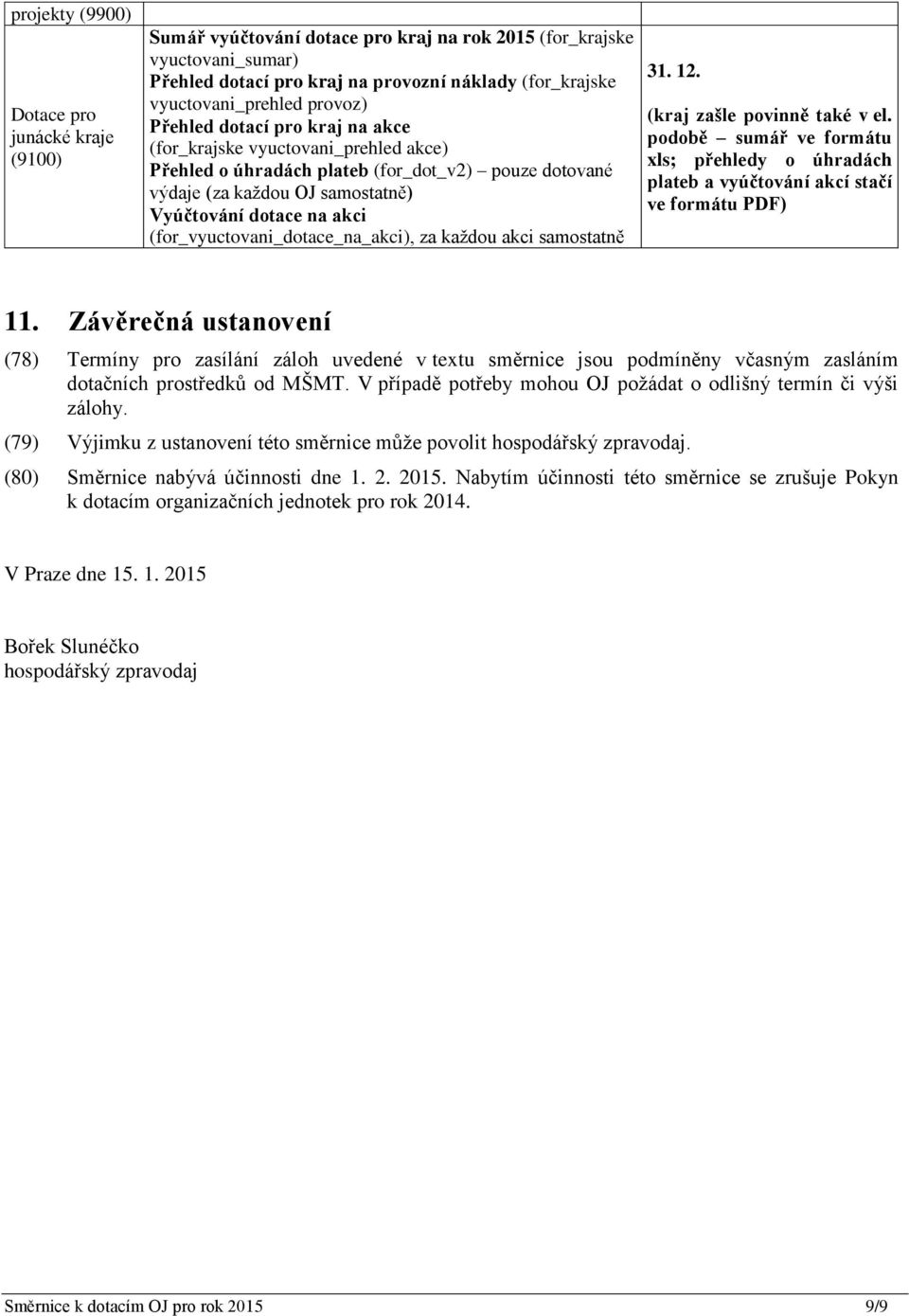 12. (kraj zašle povinně také v el. podobě sumář ve formátu xls; přehledy o úhradách plateb a vyúčtování akcí stačí ve formátu PDF) 11.