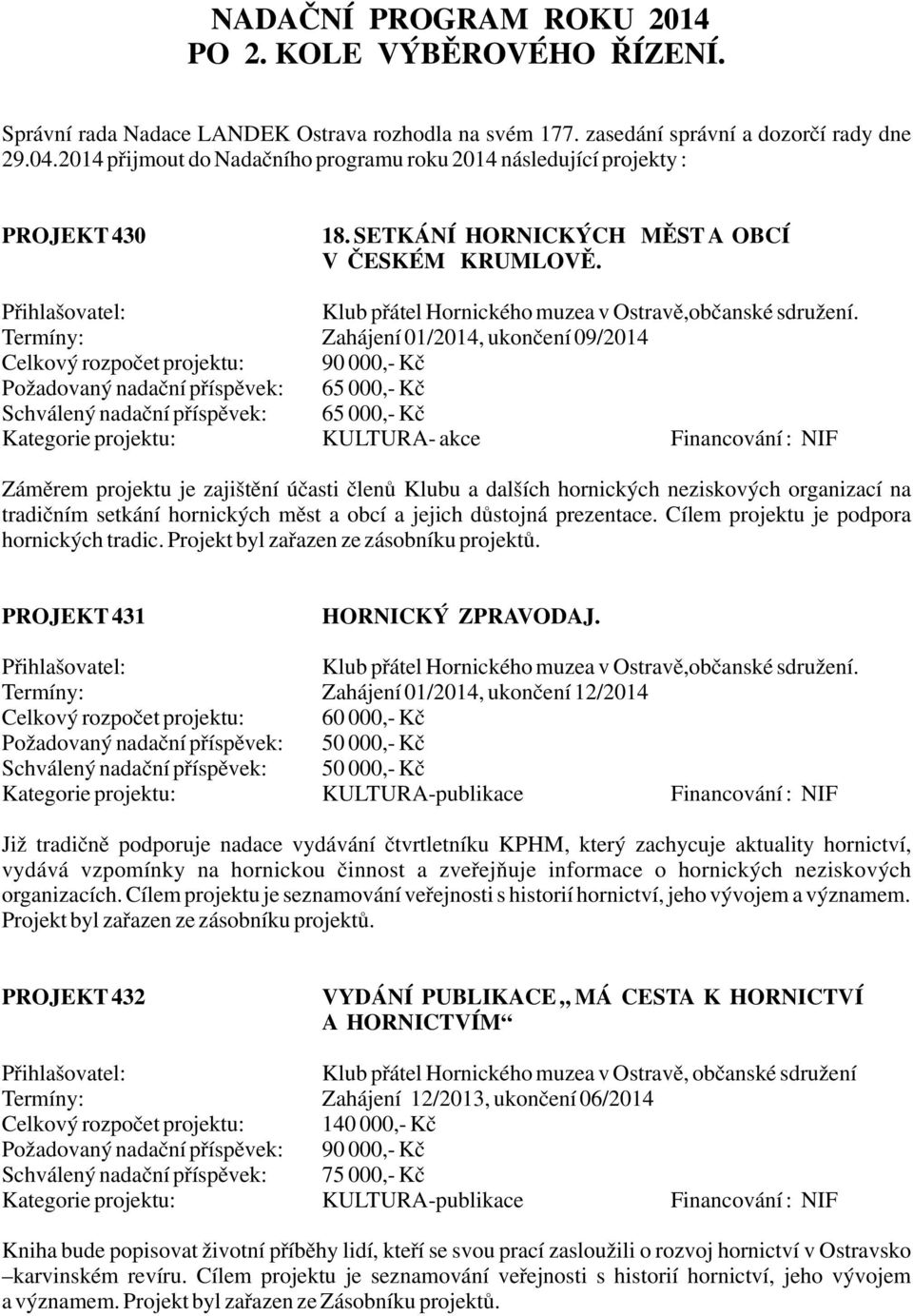 Termíny: Zahájení 01/2014, ukončení 09/2014 Celkový rozpočet projektu: 90 000,- Kč Požadovaný nadační příspěvek: 65 000,- Kč Schválený nadační příspěvek: 65 000,- Kč Kategorie projektu: KULTURA- akce