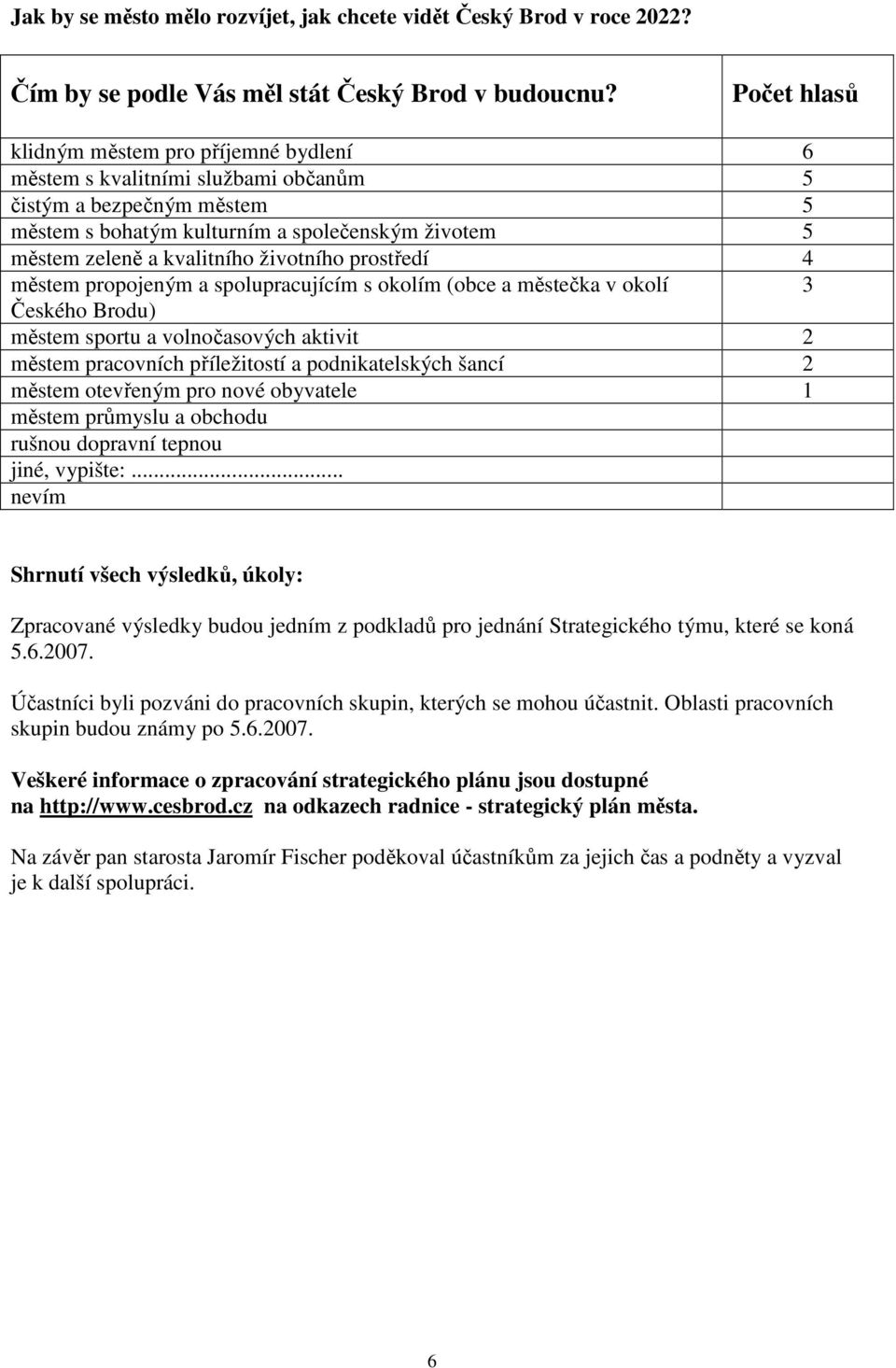 životního prostředí 4 městem propojeným a spolupracujícím s okolím (obce a městečka v okolí 3 Českého Brodu) městem sportu a volnočasových aktivit 2 městem pracovních příležitostí a podnikatelských