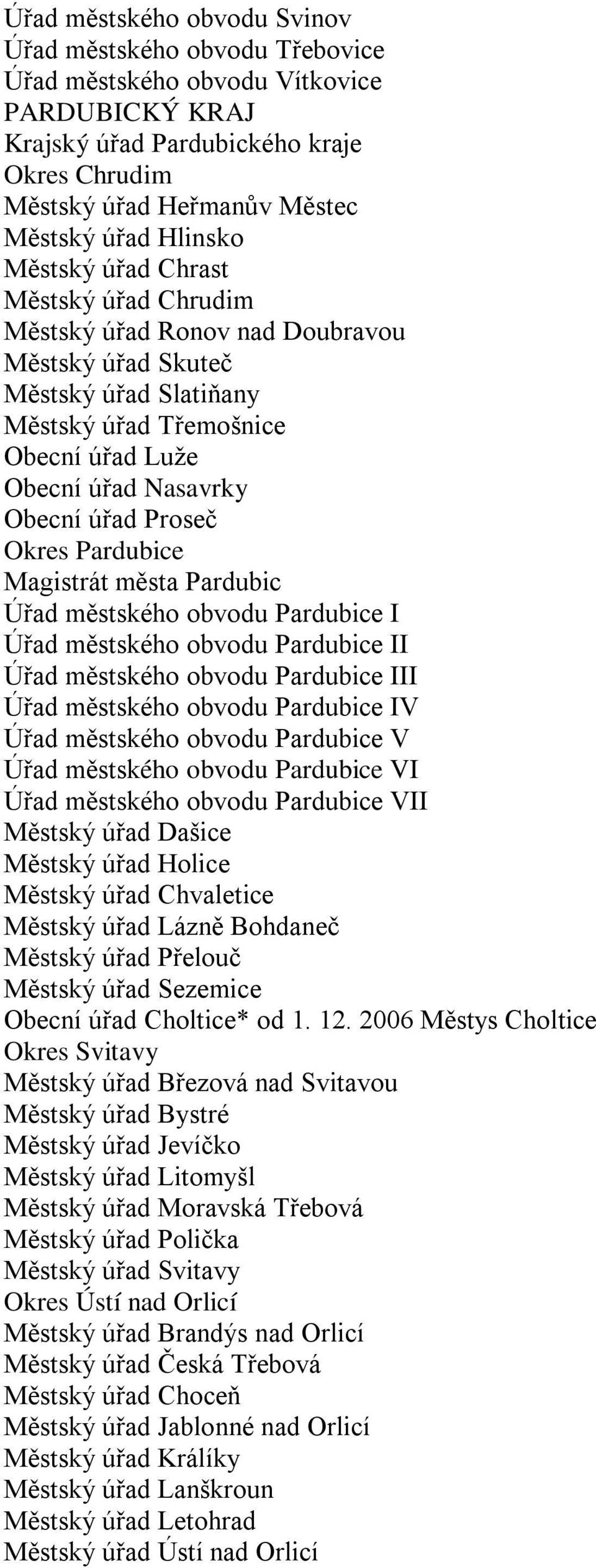 Proseč Okres Pardubice Magistrát města Pardubic Úřad městského obvodu Pardubice I Úřad městského obvodu Pardubice II Úřad městského obvodu Pardubice III Úřad městského obvodu Pardubice IV Úřad