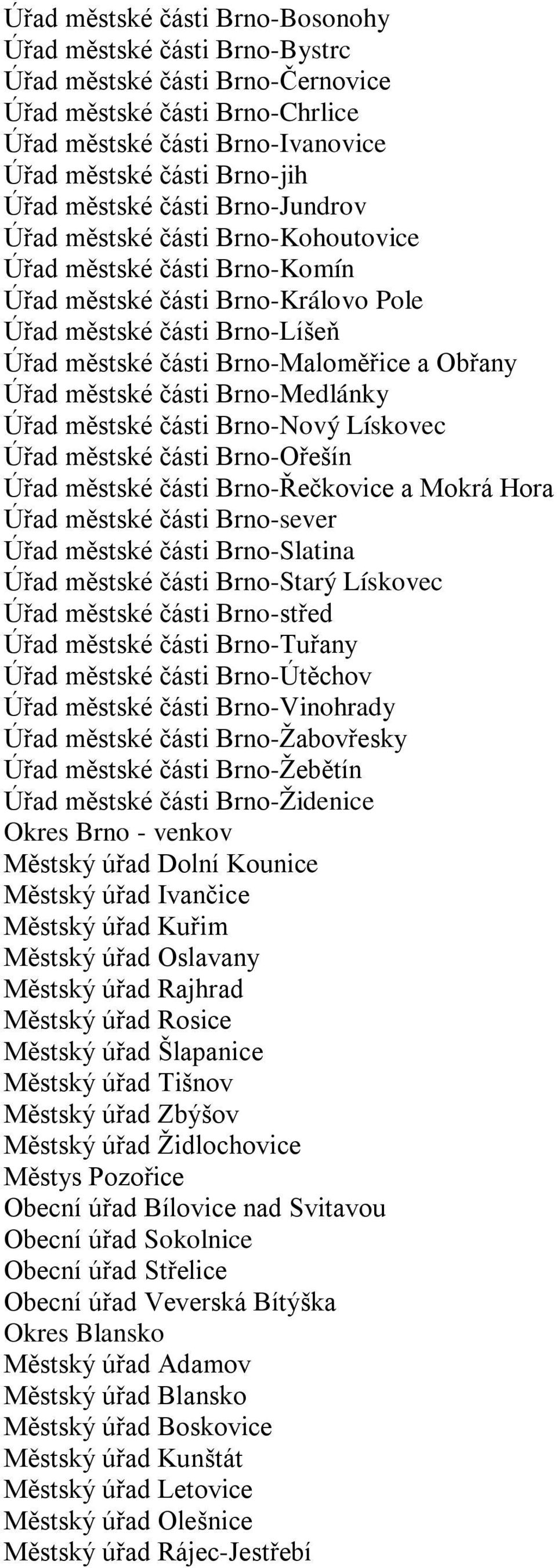 Obřany Úřad městské části Brno-Medlánky Úřad městské části Brno-Nový Lískovec Úřad městské části Brno-Ořešín Úřad městské části Brno-Řečkovice a Mokrá Hora Úřad městské části Brno-sever Úřad městské