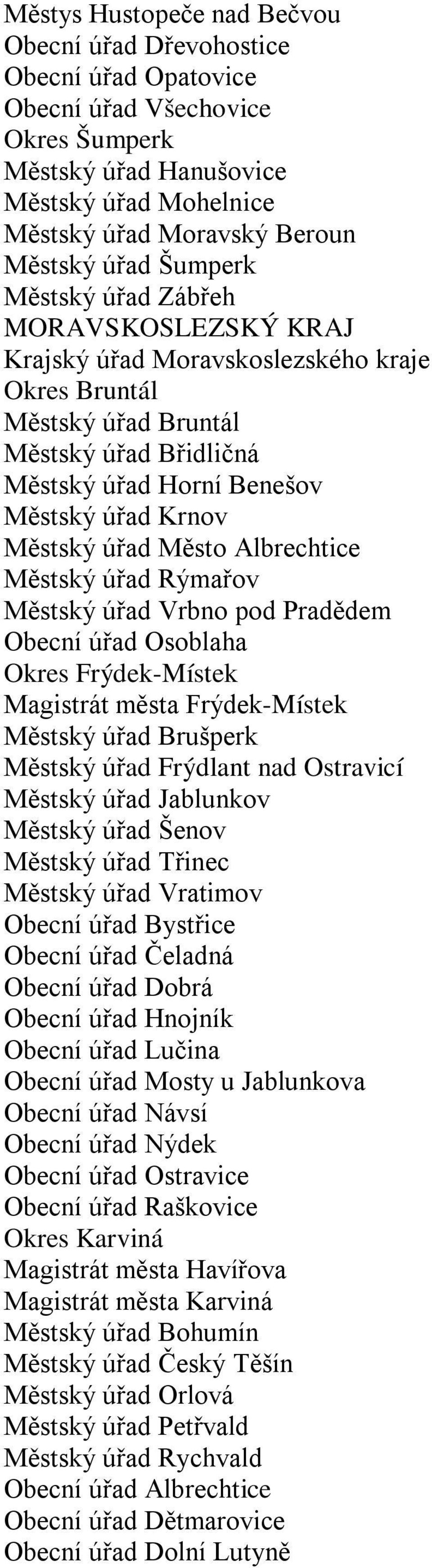 Městský úřad Město Albrechtice Městský úřad Rýmařov Městský úřad Vrbno pod Pradědem Obecní úřad Osoblaha Okres Frýdek-Místek Magistrát města Frýdek-Místek Městský úřad Brušperk Městský úřad Frýdlant