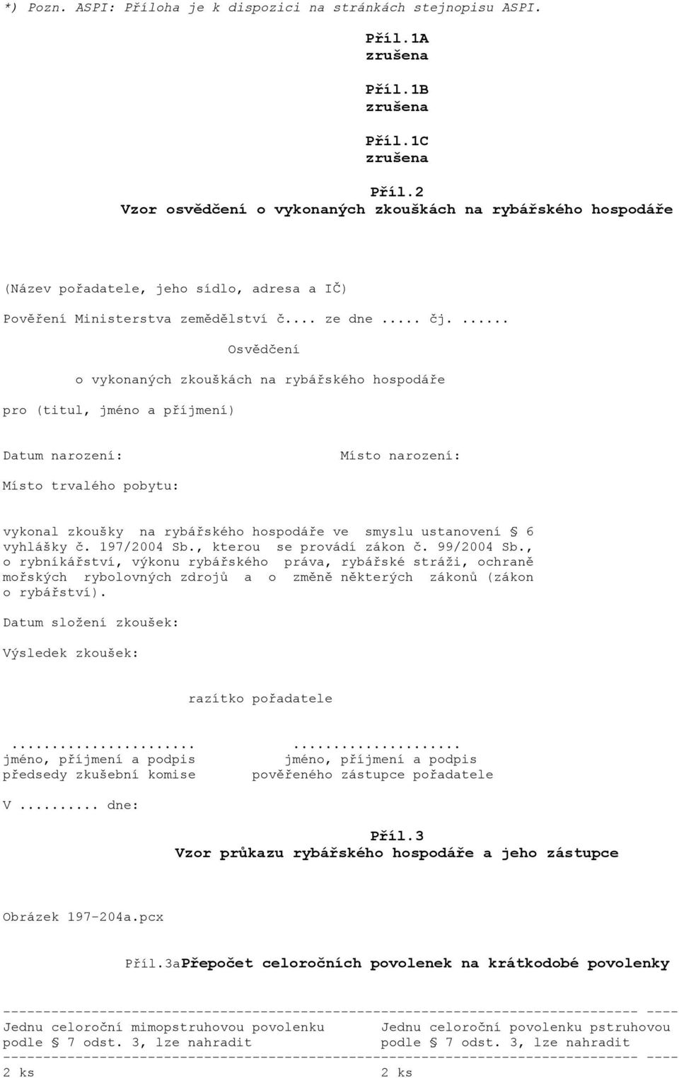 ... Osvědčení o vykonaných zkouškách na rybářského hospodáře pro (titul, jméno a příjmení) Datum narození: Místo narození: Místo trvalého pobytu: vykonal zkoušky na rybářského hospodáře ve smyslu