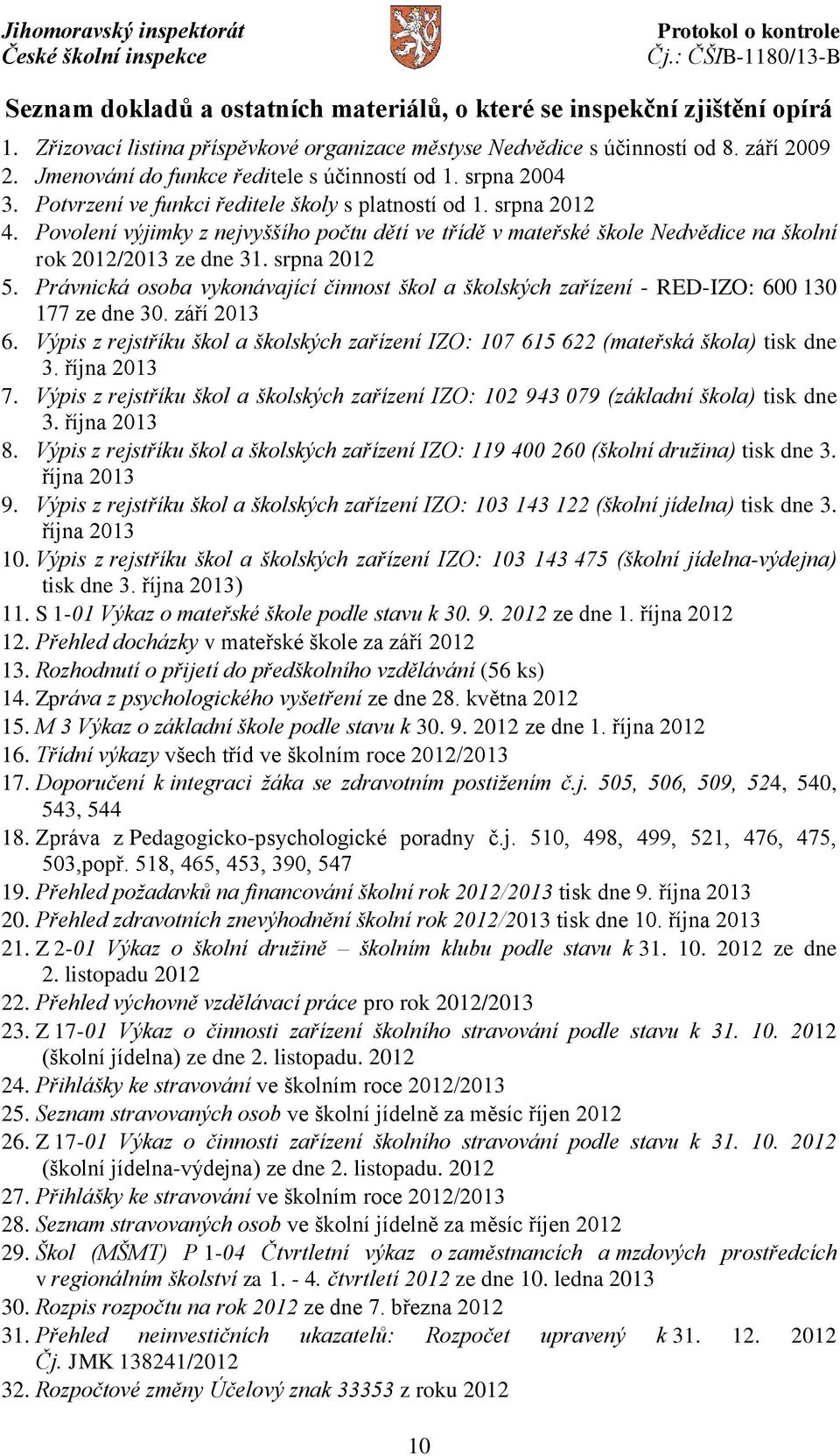 Povolení výjimky z nejvyššího počtu dětí ve třídě v mateřské škole Nedvědice na školní rok 2012/2013 ze dne 31. srpna 2012 5.