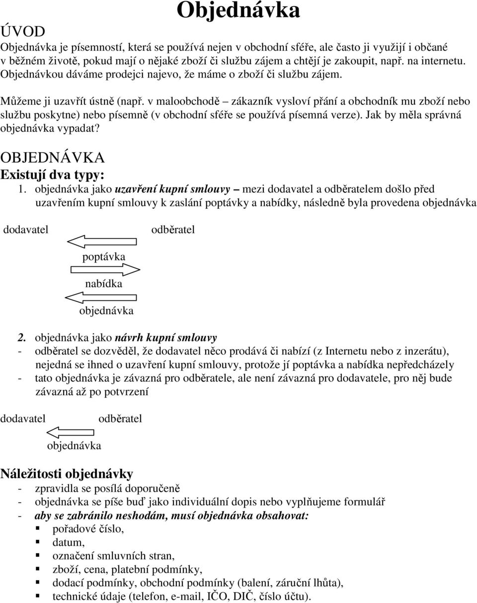 v maloobchodě zákazník vysloví přání a obchodník mu zboží nebo službu poskytne) nebo písemně (v obchodní sféře se používá písemná verze). Jak by měla správná objednávka vypadat?