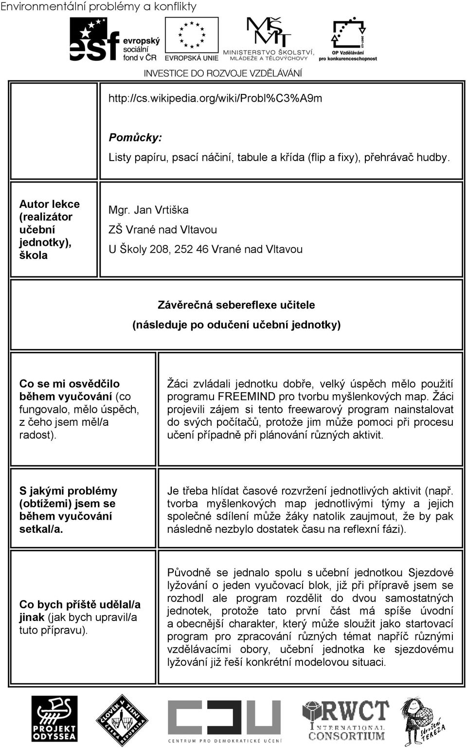 Jan Vrtiška ZŠ Vrané nad Vltavou U Školy 208, 252 46 Vrané nad Vltavou Závěrečná sebereflexe učitele (následuje po odučení učební jednotky) Co se mi osvědčilo během vyučování (co fungovalo, mělo