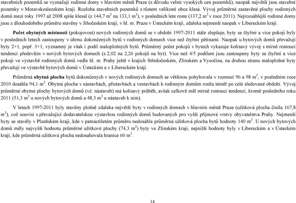 Vývoj průměrné zastavěné plochy rodinných domů mezi roky 1997 až 2008 spíše klesal (z 144,7 m 2 na 133,1 m 2 ), v posledních lete roste (137,2 m 2 v roce 2011).