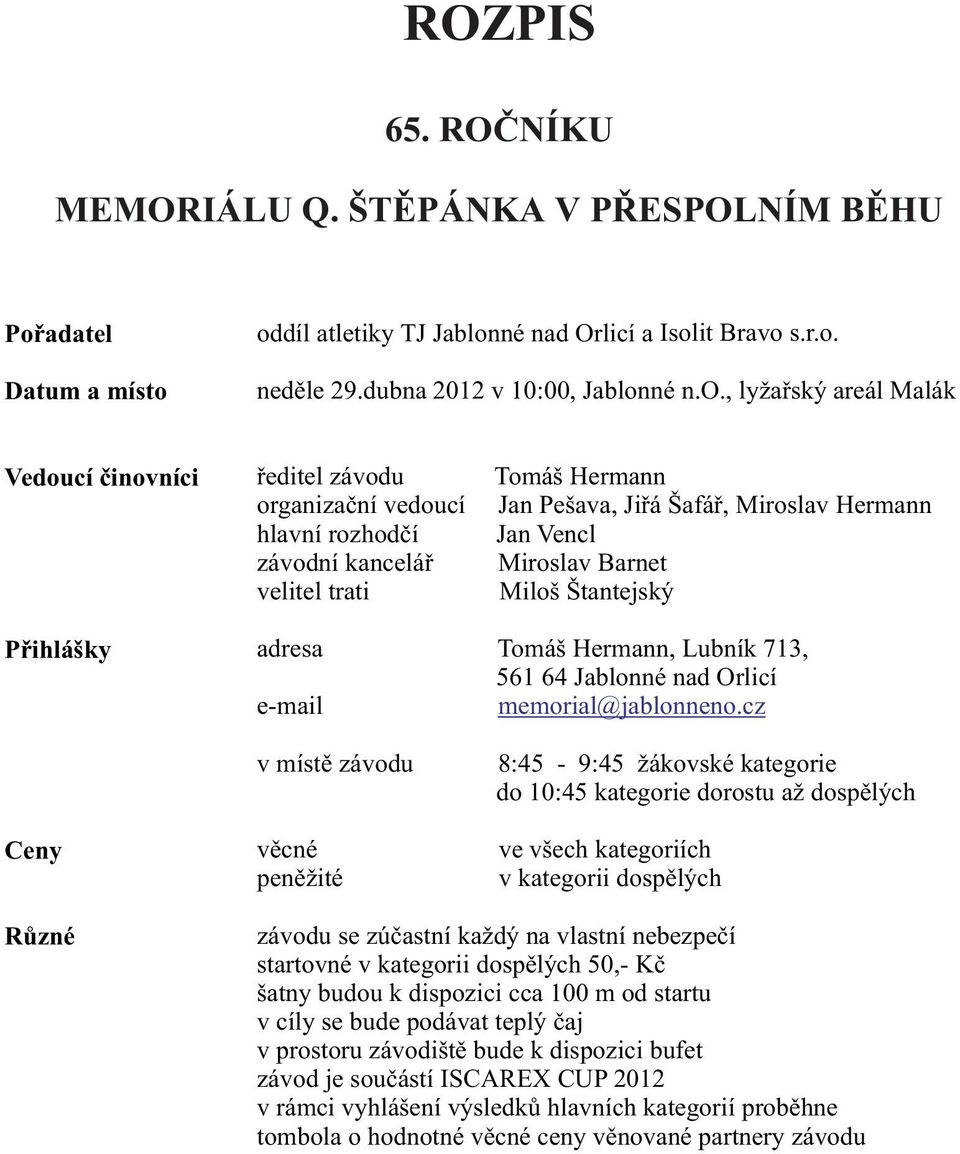 oddíl atletiky TJ Jablonné nad Orlicí a Isolit Bravo s.r.o. neděle 29.dubna 2012 v 10:00, Jablonné n.o., lyžařský areál Malák Vedoucí činovníci Přihlášky ředitel závodu Tomáš Hermann organizační