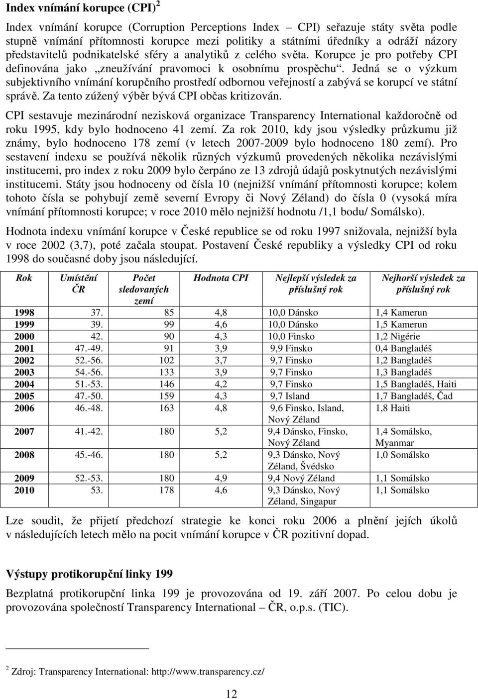 Jedná se o výzkum subjektivního vnímání korupčního prostředí odbornou veřejností a zabývá se korupcí ve státní správě. Za tento zúžený výběr bývá CPI občas kritizován.