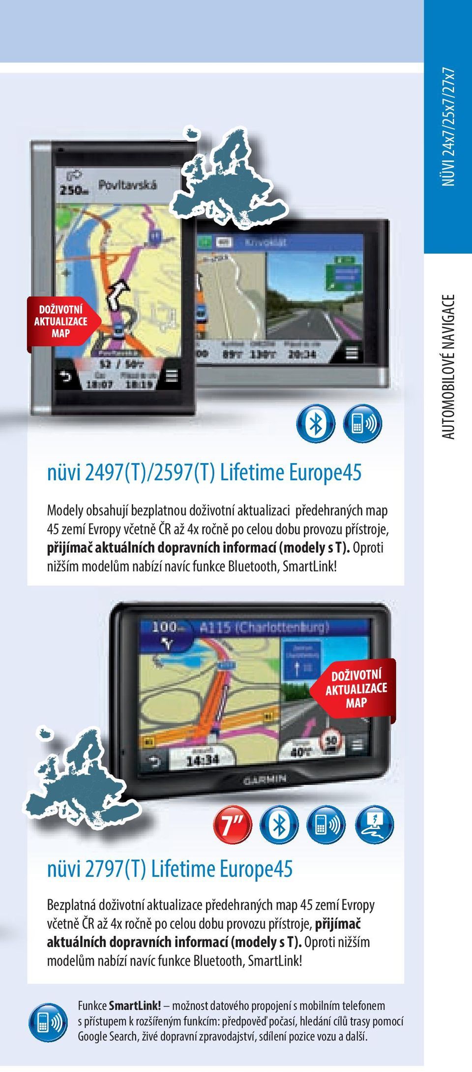 nüvi 2797(T) Lifetime Europe45 Bezplatná doživotní aktualizace předehraných map 45 zemí Evropy včetně ČR až 4x  Funkce SmartLink!