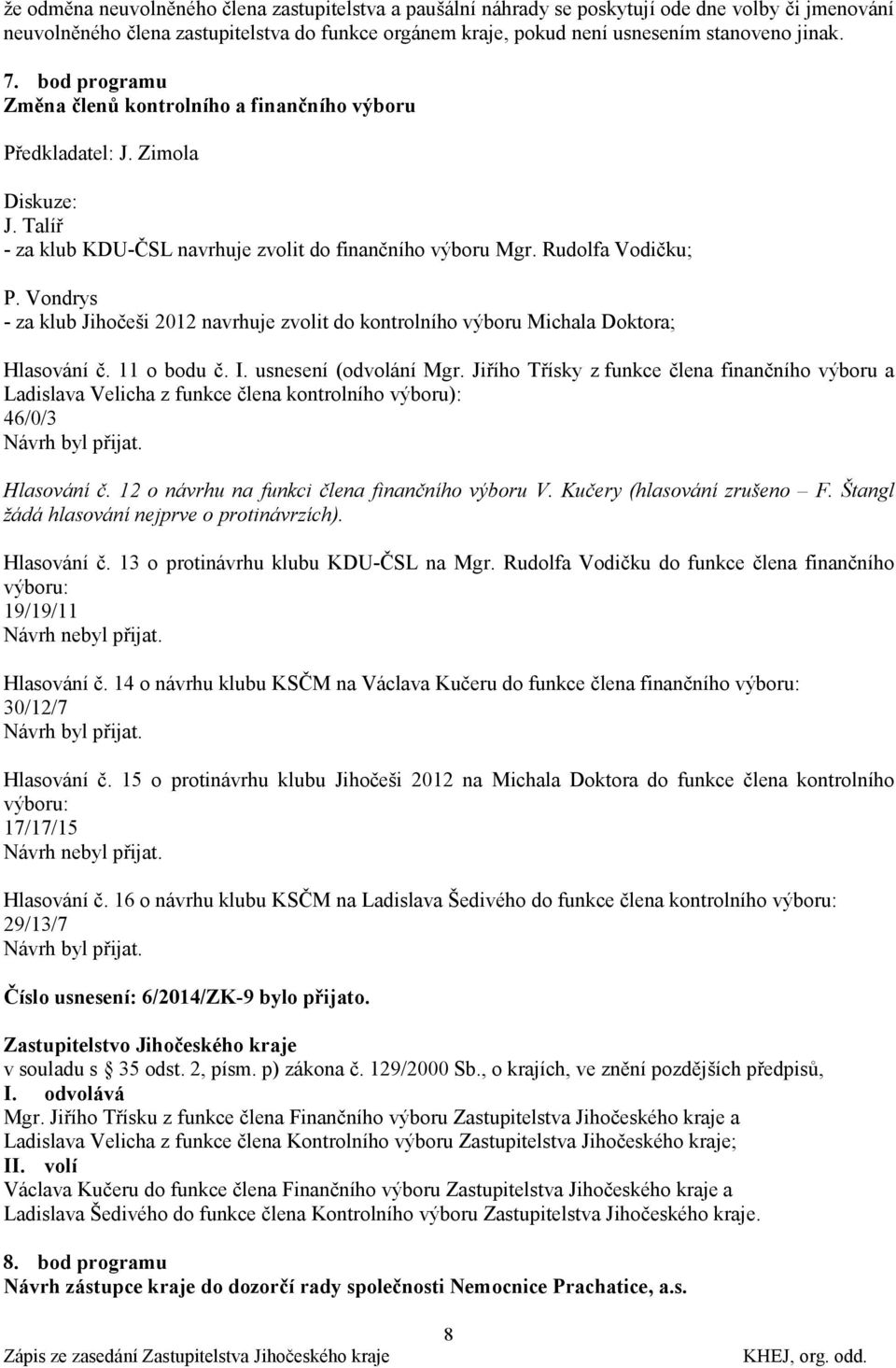 Vondrys - za klub Jihočeši 2012 navrhuje zvolit do kontrolního výboru Michala Doktora; Hlasování č. 11 o bodu č. I. usnesení (odvolání Mgr.