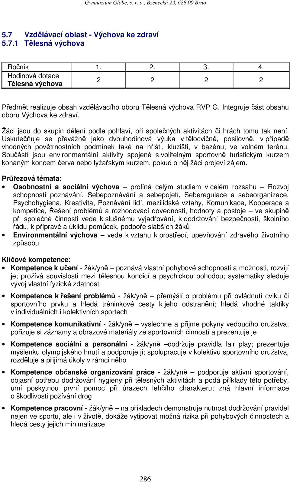 Uskutečňuje se převážně jako dvouhodinová výuka v tělocvičně, posilovně, v případě vhodných povětrnostních podmínek také na hřišti, kluzišti, v bazénu, ve volném terénu.