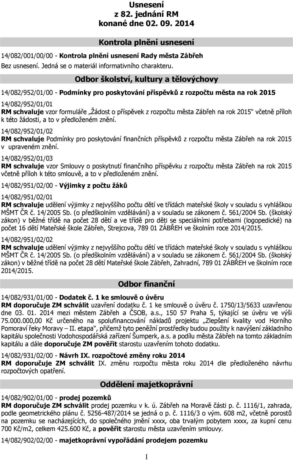 města Zábřeh na rok 2015 včetně příloh k této žádosti, a to v předloženém znění.