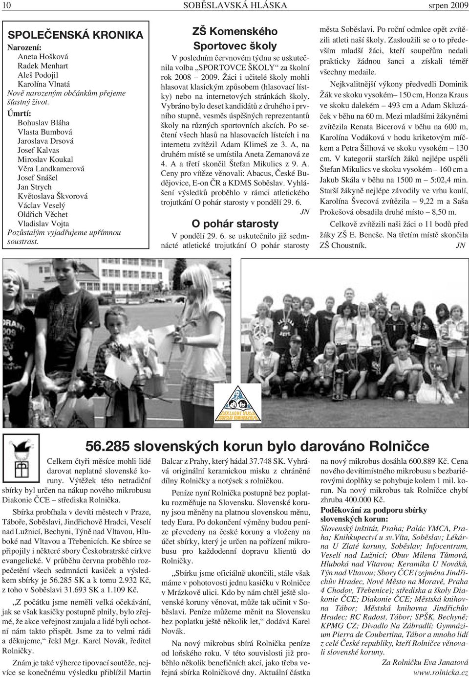 Pozůstalým vyjadřujeme upřímnou soustrast. ZŠ Komenského Sportovec školy V posledním červnovém týdnu se uskutečnila volba SPORTOVCE ŠKOLY za školní rok 2008 2009.
