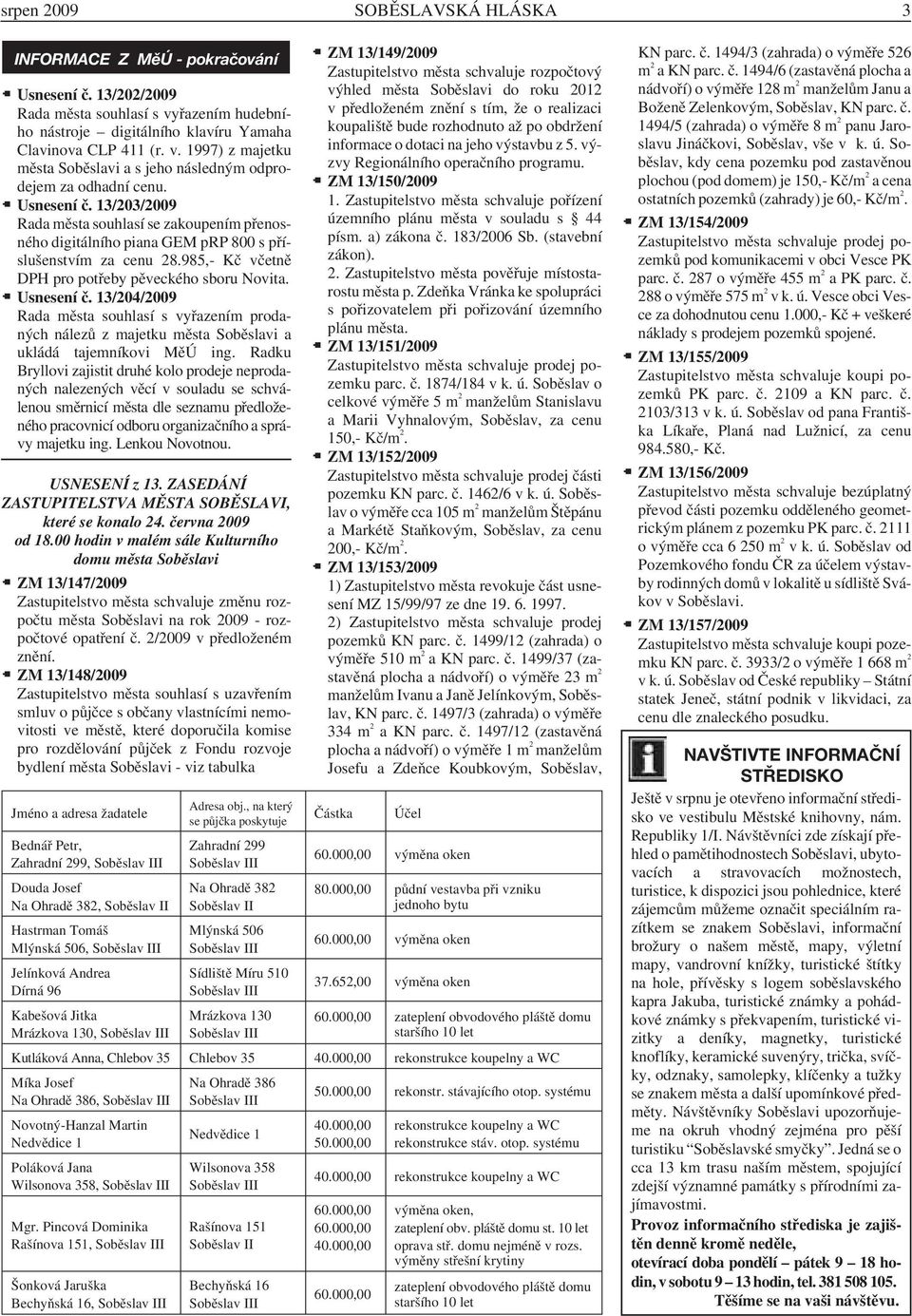 13/204/2009 Rada města souhlasí s vyřazením prodaných nálezů z majetku města Soběslavi a ukládá tajemníkovi MěÚ ing.
