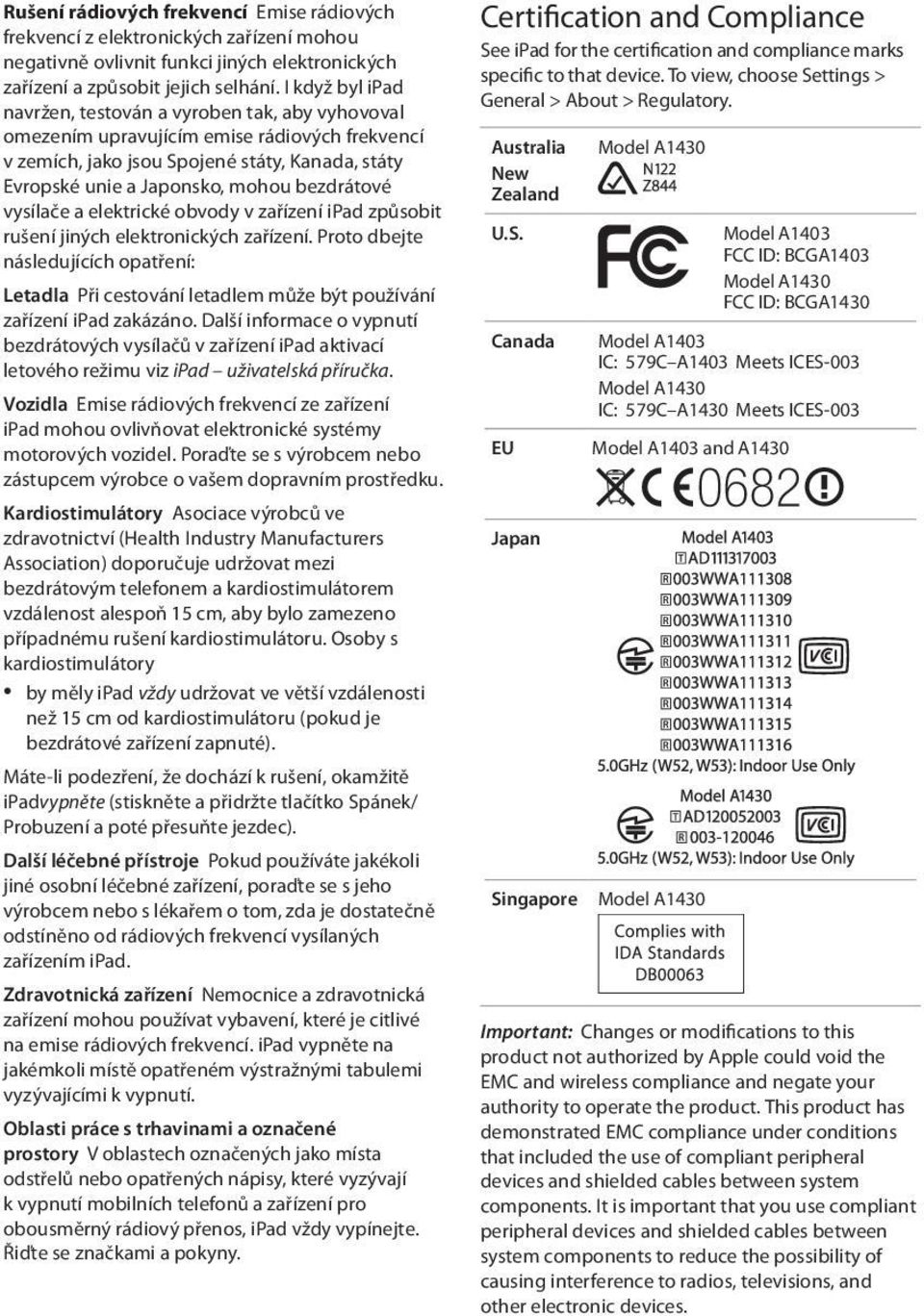 bezdrátové vysílače a elektrické obvody v zařízení ipad způsobit rušení jiných elektronických zařízení.