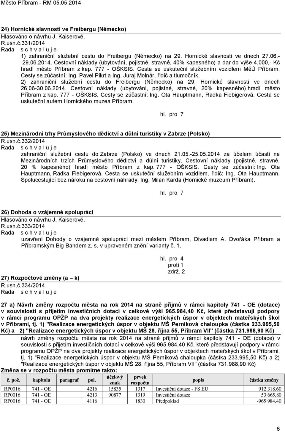 Juraj Molnár, řidič a tlumočník, 2) zahraniční sluţební cestu do Freibergu (Německo) na 29. Hornické slavnosti ve dnech 26.06-30.06.2014.