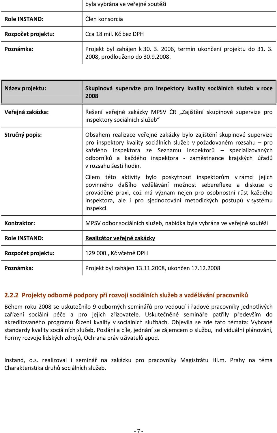 Název projektu: Veřejná zakázka: Stručný popis: Kontraktor: Role INSTAND: Rozpočet projektu: Skupinová supervize pro inspektory kvality sociálních služeb v roce 2008 Řešení veřejné zakázky MPSV ČR