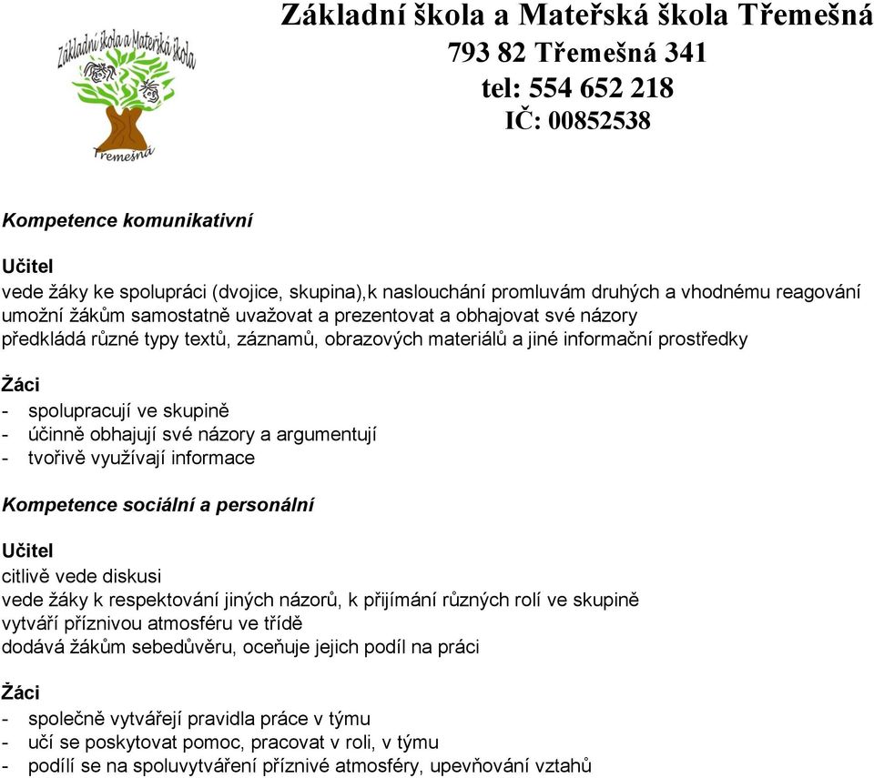 skupině - účinně obhajují své názory a argumentují - tvořivě využívají informace Kompetence sociální a personální Učitel citlivě vede diskusi vede žáky k respektování jiných názorů, k přijímání