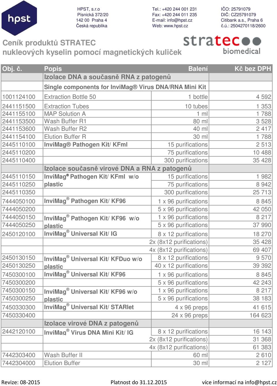2445110200 75 purifications 10 488 2445110400 300 purifications 35 428 Izolace současně virové DNA a RNA z patogenů 2445110150 InviMag Pathogen Kit/ KFml w/o 15 purifications 1 982 2445110250 plastic