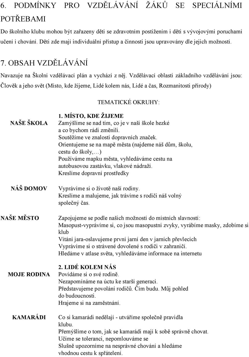 Vzdělávací oblasti základního vzdělávání jsou: Člověk a jeho svět (Místo, kde žijeme, Lidé kolem nás, Lidé a čas, Rozmanitosti přírody) TEMATICKÉ OKRUHY: NAŠE ŠKOLA NÁŠ DOMOV NAŠE MĚSTO MOJE RODINA