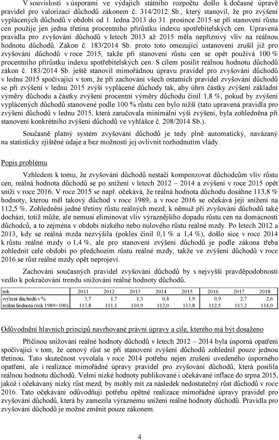 Upravená pravidla pro zvyšování důchodů v letech 2013 až 2015 měla nepříznivý vliv na reálnou hodnotu důchodů. Zákon č. 183/2014 Sb.