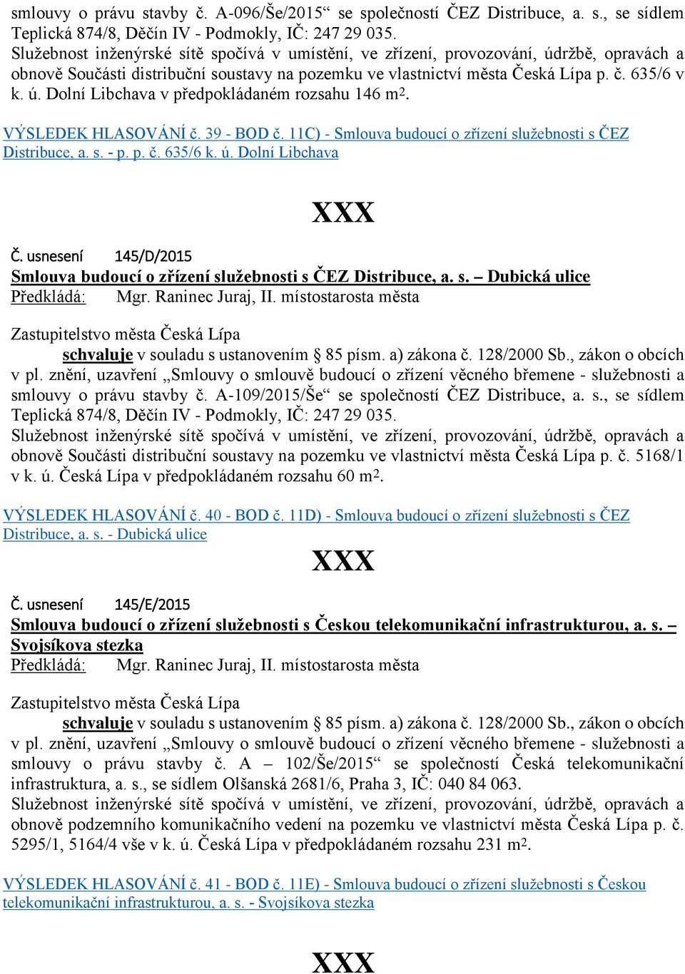 VÝSLEDEK HLASOVÁNÍ č. 39 - BOD č. 11C) - Smlouva budoucí o zřízení služebnosti s ČEZ Distribuce, a. s. p. p. č. 635/6 k. ú. Dolní Libchava XXX Č.