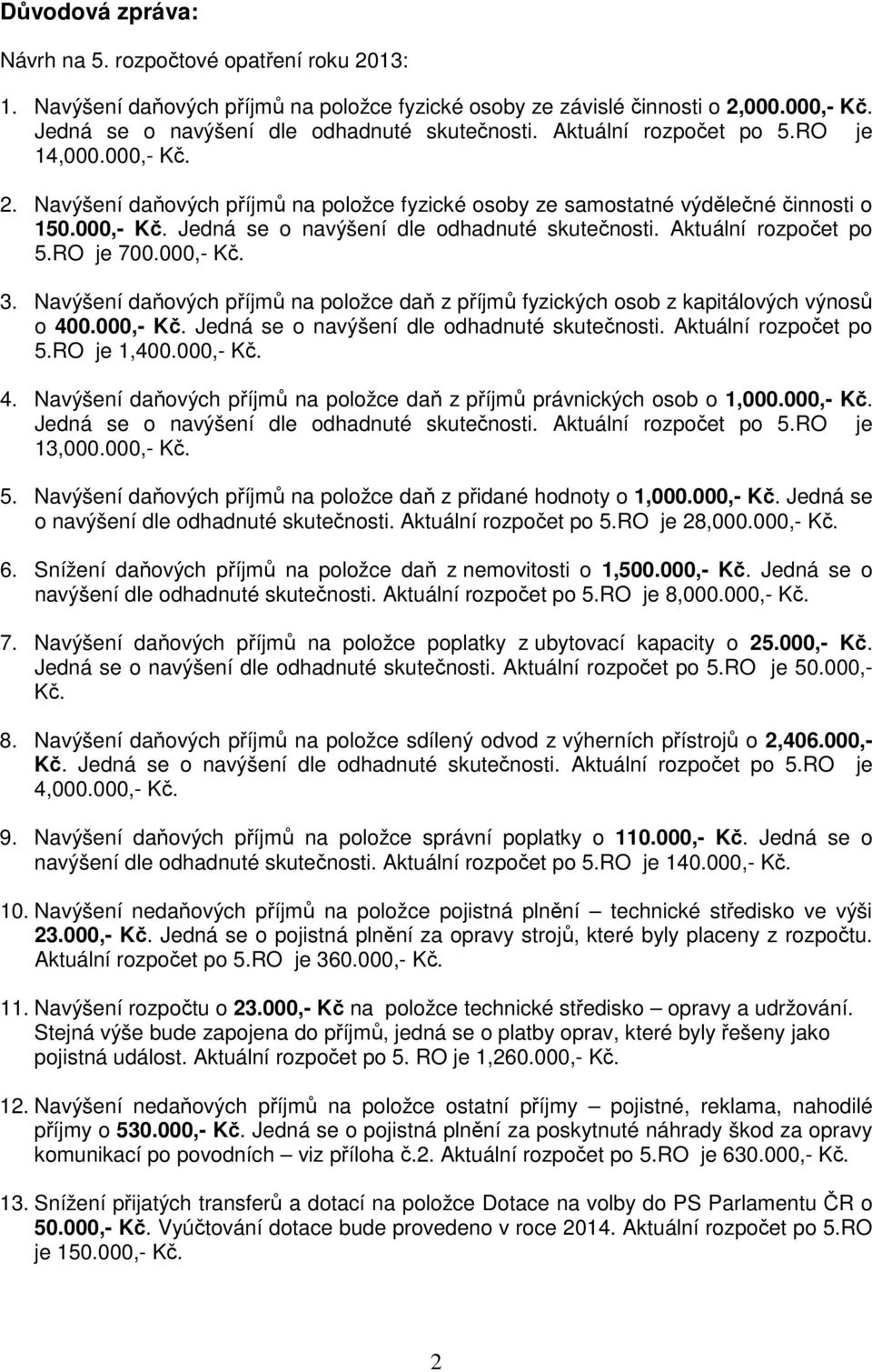 Aktuální rozpočet po 5.RO je 700.000,- Kč. 3. Navýšení daňových příjmů na položce daň z příjmů fyzických osob z kapitálových výnosů o 400.000,- Kč. Jedná se o navýšení dle odhadnuté skutečnosti.