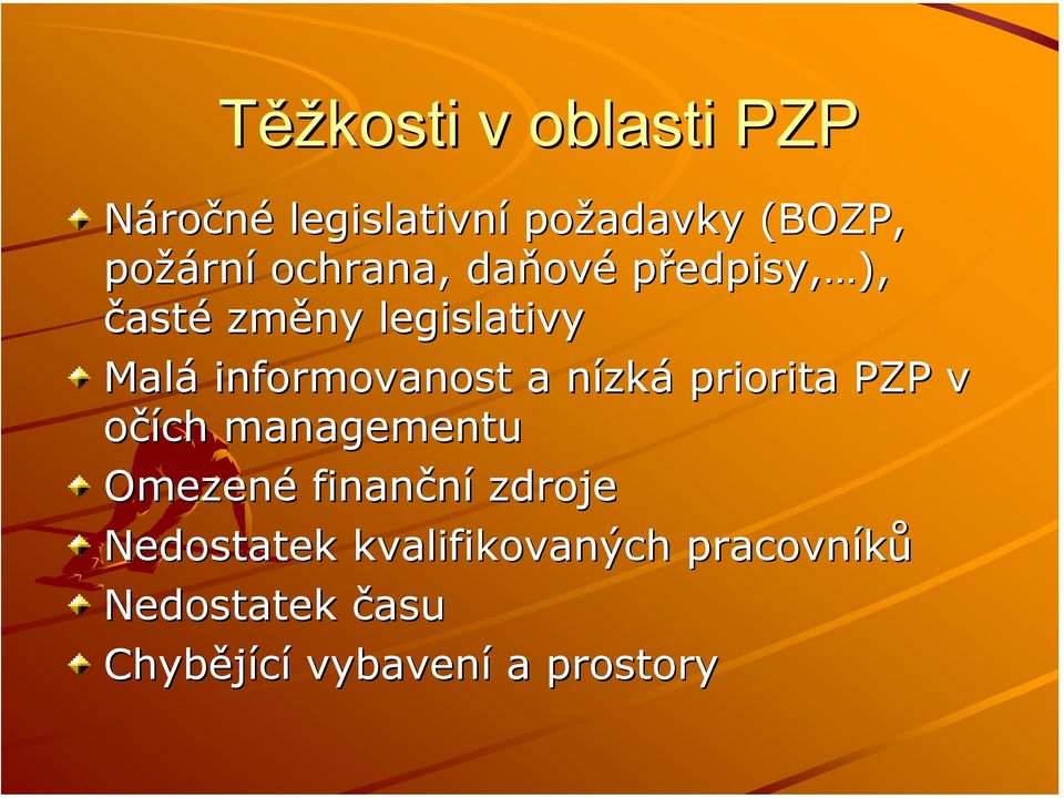 a nízká priorita PZP v očích managementu Omezené finanční zdroje