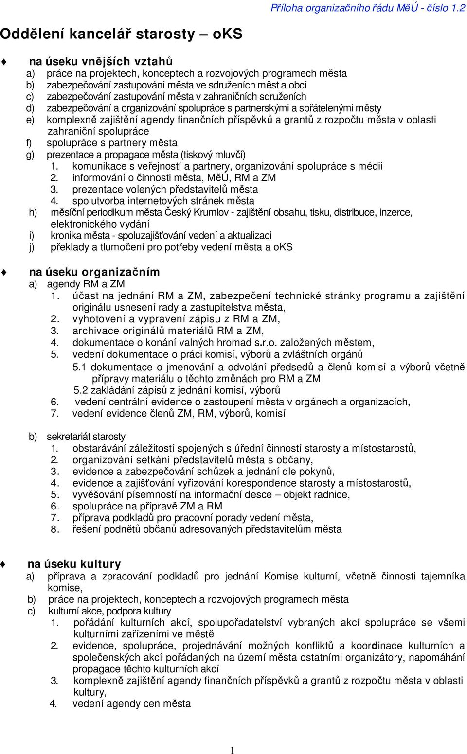 zabezpečování zastupování města v zahraničních sdruženích d) zabezpečování a organizování spolupráce s partnerskými a spřátelenými městy e) komplexně zajištění agendy finančních příspěvků a grantů z