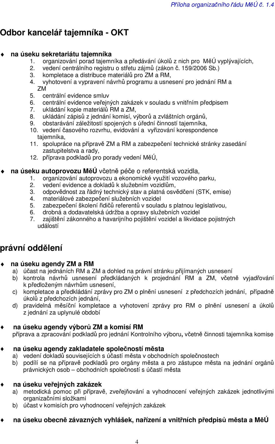 centrální evidence smluv 6. centrální evidence veřejných zakázek v souladu s vnitřním předpisem 7. ukládání kopie materiálů RM a ZM, 8. ukládání zápisů z jednání komisí, výborů a zvláštních orgánů, 9.