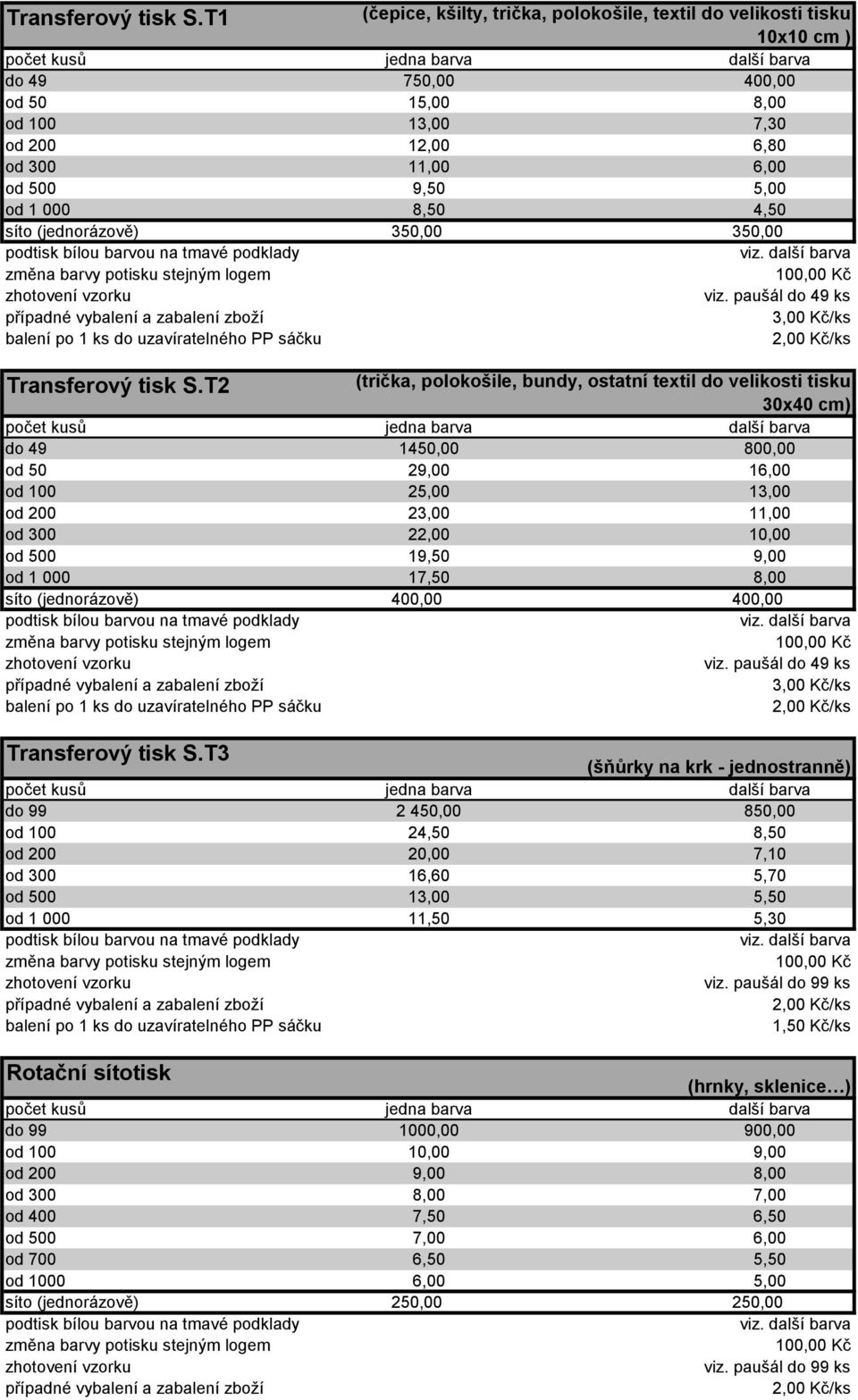 4,50 T2 (trička, polokošile, bundy, ostatní textil do velikosti tisku 30x40 cm) do 49 1450,00 800,00 od 50 29,00 16,00 od 100 25,00 13,00 od 200 23,00 11,00 od 300 22,00 10,00 od 500 19,50 9,00 od 1