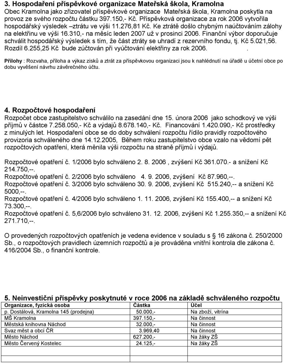 310,- na měsíc leden 2007 už v prosinci 2006. Finanční výbor doporučuje schválit hospodářský výsledek s tím, že část ztráty se uhradí z rezervního fondu, tj. Kč 5.021,56. Rozdíl 6.