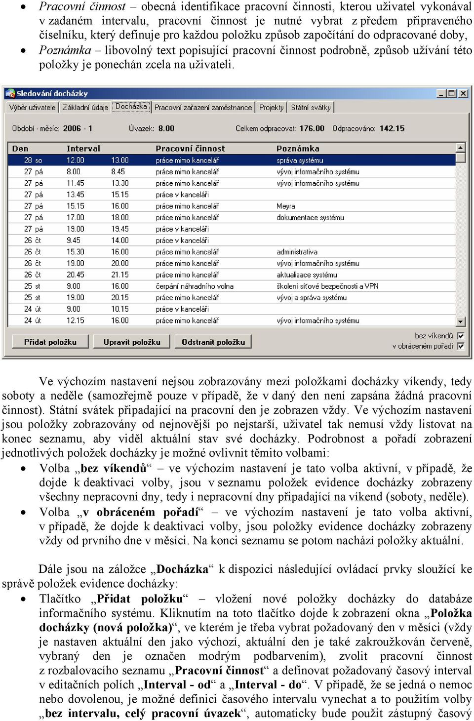 Ve výchozím nastavení nejsou zobrazovány mezi položkami docházky víkendy, tedy soboty a neděle (samozřejmě pouze v případě, že v daný den není zapsána žádná pracovní činnost).