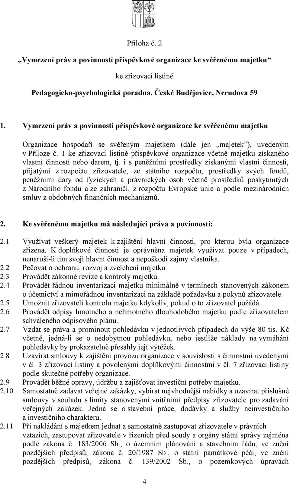 1 ke zřizovací listině příspěvkové organizace včetně majetku získaného vlastní činností nebo darem, tj.