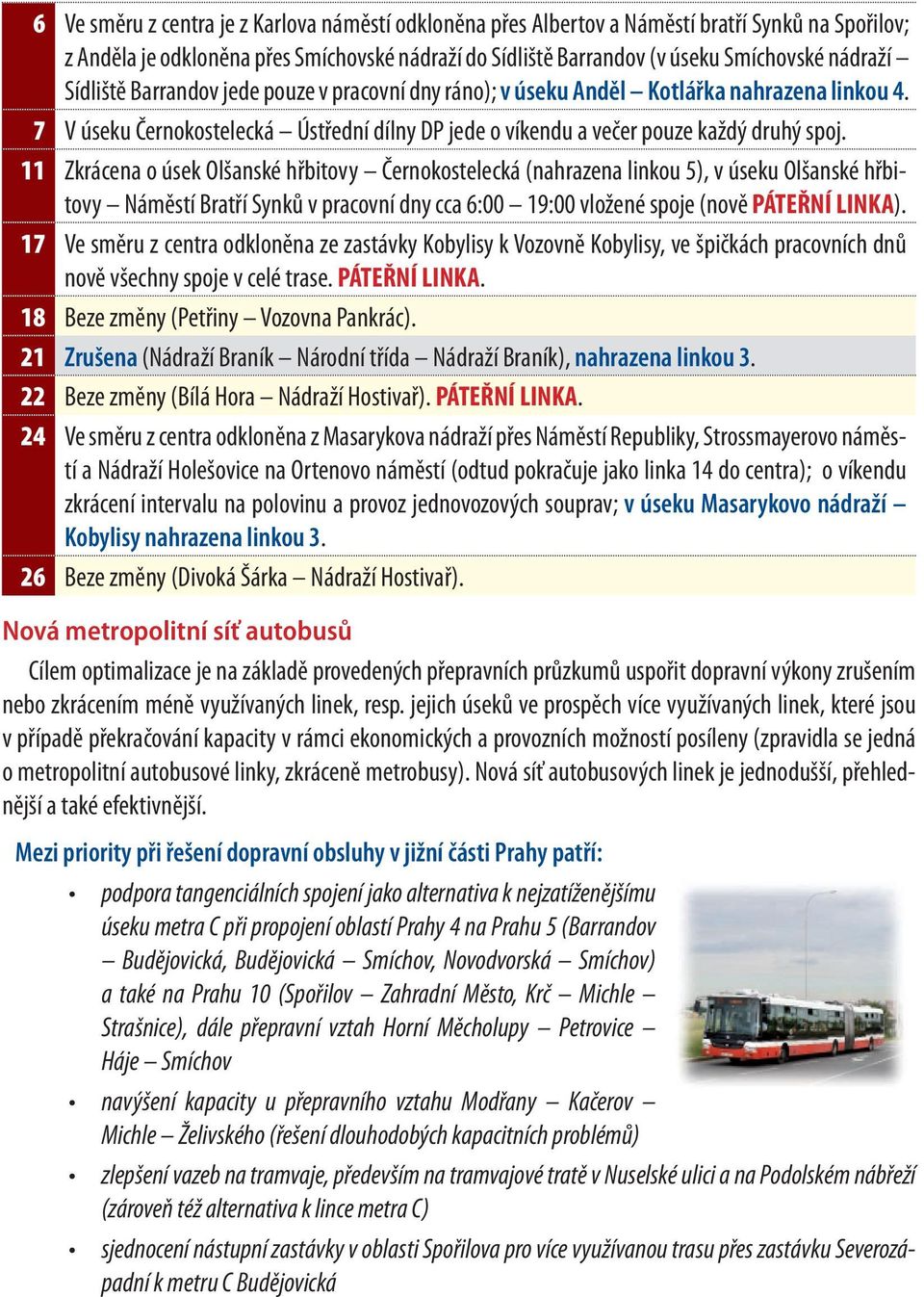 11 Zkrácena o úsek Olšanské hřbitovy Černokostelecká (nahrazena linkou 5), v úseku Olšanské hřbitovy Náměstí Bratří Synků v pracovní dny cca 6:00 19:00 vložené spoje (nově PÁTEŘNÍ LINKA).